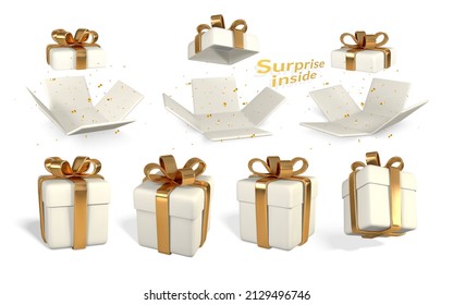 Set of five 3D render and draw by mesh realistic gift box with bow. Paper box with shadow isolated on white background. Vector illustration.