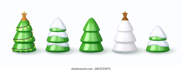 Set of five 3D stylized Christmas trees on white background, including green trees with lights, snow covered branches, a minimalist white tree, and golden star toppers.