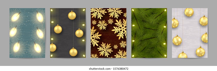 A set of five a4 format Christmas leaflets. Christmas toys, golden balls. Illuminations. Light bulbs. Sparklers. Fir branches. Golden snowflakes. Against the background of boards of different colors.