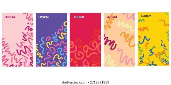 Conjunto de cinco pôsteres de arte abstrata com rabiscos coloridos desenhados à mão e linhas onduladas em estilo moderno minimalista