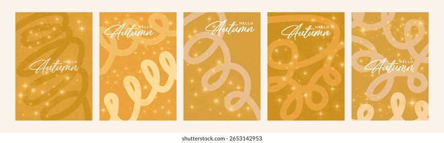 Set of five abstract autumn backgrounds with glitter and abstract shapes. Autumn season concept for social media. Vector.
