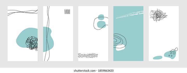 Set of five abstract backgrounds for social networks stories. Trendy design template for social media. Winter theme. Abstract lines and shapes. Vector illustration.