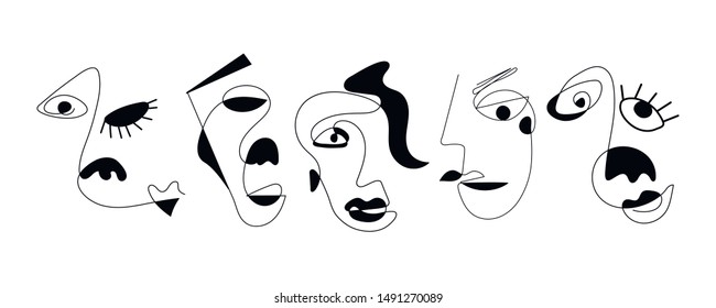 Set of five abstract face one line drawing. Portrait minimalistic style. Fine one line drawing abstract face. One line drawing abstract faces. Modern continuous line art