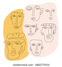 Conjunto de cinco planos abstractos de una línea de la cara. Retrato de estilo minimalista. Cara abstracta de dibujo de una línea fina. Caras abstractas de dibujo de una línea. Arte de línea continua moderno