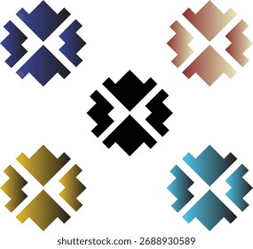 Um conjunto de cinco ícones geométricos abstratos apresentando segmentos semelhantes a setas dispostos em padrões circulares simétricos. Cada variante exibe gradientes de cor exclusivos e estilo de vetor limpo.