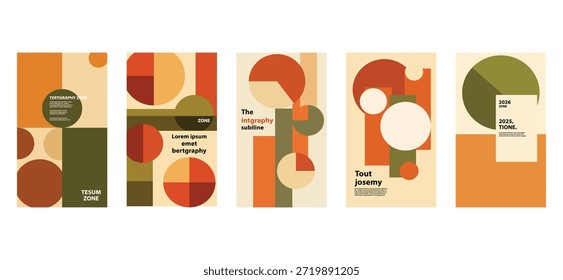 Conjunto de cinco cartazes geométricos abstratos com design moderno minimalista em tons terra e estilo Bauhaus