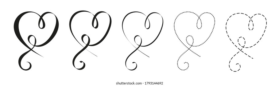 Set of five abstract hearts in different versions. Black isolated decorative vector illustration on white background