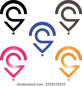 Um conjunto de cinco ícones de pinos de localização abstrata com uma forma estilizada de "S" em cada design. Apresentados em preto, marrom, azul, rosa e laranja, esses ícones são ideais para aplicativos de navegação, marcas ou 
