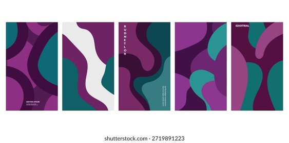 Conjunto de cinco cartazes minimalistas abstratos com formas orgânicas fluidas e linhas onduladas em design moderno roxo e azul-petróleo