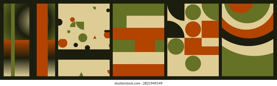 A set of five abstract minimalist posters featuring geometric shapes, concentric arcs, and color blocks in retro green, rust orange, beige, and black.