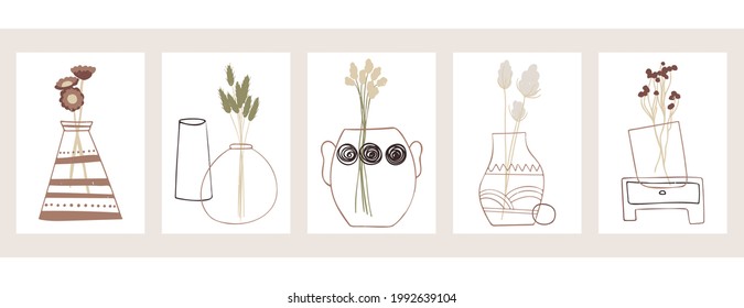 A set of five abstract minimalistic aesthetic floral illustrations. Colorful silhouettes of plants on a light background. Modern vector pastel posters for social networks, web design, interiors. 