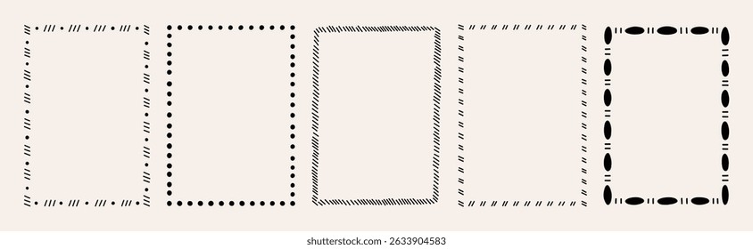 Set of five abstract rectangular frames with different dash and dot patterns. Hand drawn vector illustration