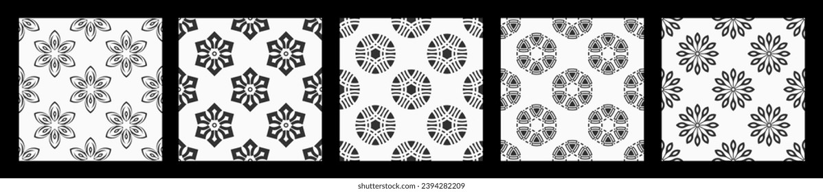 Satz von fünf abstrakten, nahtlosen Vektormustern mit sich wiederholenden geometrischen symmetrischen Rundformen, Kreise, Blumen. Flaches Design-Muster. Abstrakte Schilder. Schwarz-Weiß-Vektorhintergründe.