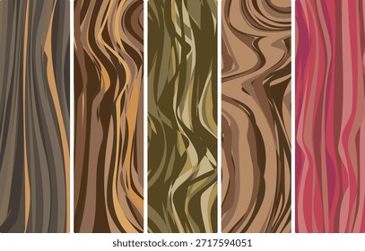 Conjunto de cinco patrones abstractos de textura de grano de madera en varias paletas de colores naturales y vibrantes, incluidos marrones terrosos, verdes y rojos llamativos, ideales para fondos o Elementos decorativos. eps