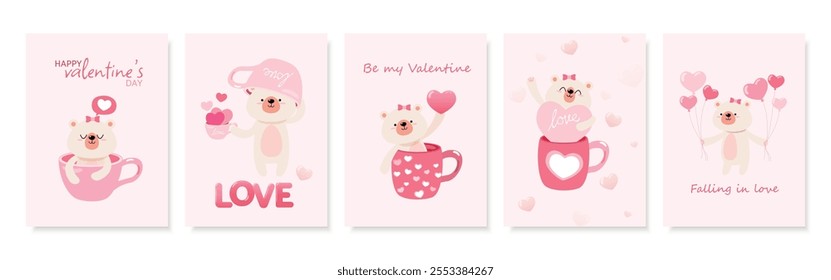 A set of five adorable Valentine's Day cards featuring a cute bear with hearts, balloons, and love-themed elements. Perfect for expressing love and affection.