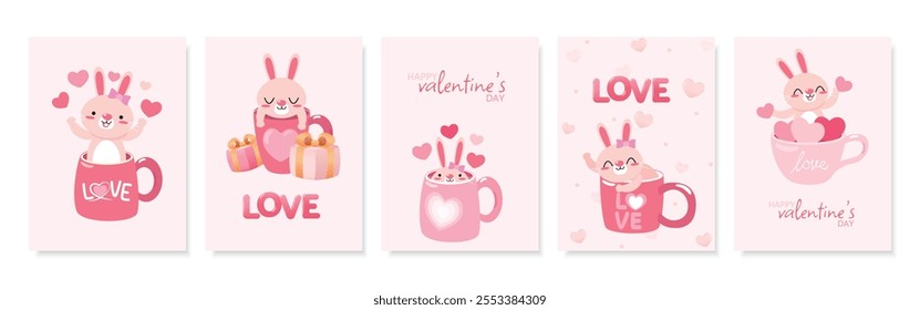 Set of five adorable Valentine's Day illustrations featuring bunnies in mugs with hearts, gifts, and love-themed text. Perfect for greeting cards, posters, and social media.