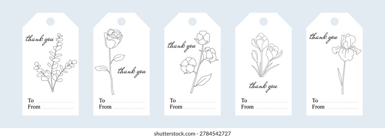 Set of five angled-corner gift tags with floral line art and elegant thank you text, featuring rose and botanical blossoms, with To and From fields for personalization