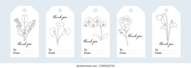 Set of five angled-corner gift tags with floral line art and elegant thank you text, featuring tulip, calla lilies, orchid, peony, and snowdrop, with To and From fields for personalization