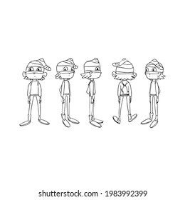 a set of five angles of a standing boy in a superhero costume. the little thief. a cartoon character. horizontal. contour. silhouette