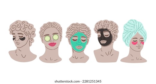 Set of five antique statues with a face mask and a green face mask. Mythical, ancient greek style. Hand drawn Vector.