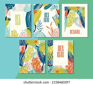 Set of five artistic, modern, bright, abstract, and slightly exotic templates. Suitable for poster, flyer, invitation, cover, banner, brochure, web design and more. Vector illustration.