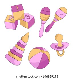 Set of five baby girl toys on white background
