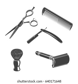 Set of five barbershop things, monochrome style, vector