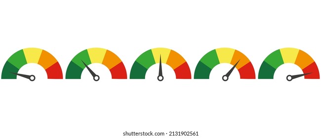 A set of five barometers of different quality or level. Colorful speedometer. Vector illustration