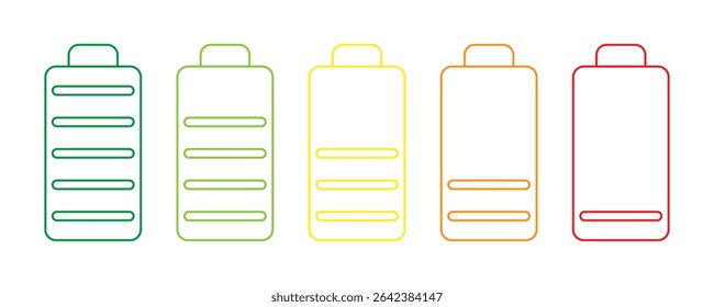 Set of five battery icons in gradient colors from green to red showing decreasing charge levels. Flat vector template for energy or interface design