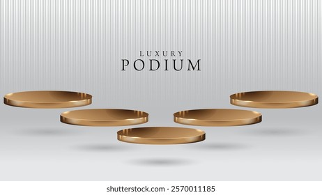 Set of five beatiful golden stage, pedestal or podium in stripped studio background. 3D illustration. Perfect background or mockup for cosmetics or fashion. Place your object or product on pedestal