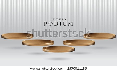 Set of five beatiful golden stage, pedestal or podium in stripped studio background. 3D illustration. Perfect background or mockup for cosmetics or fashion. Place your object or product on pedestal