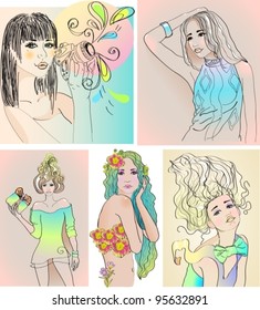 Set of five beautiful girls,vector illustration