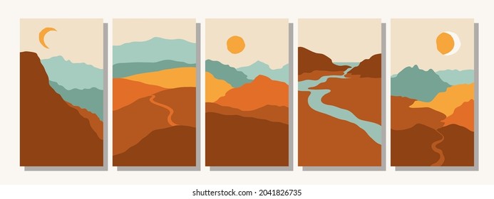 Set of five beautiful vertical abstract minimal landscapes, backgrounds or card templates in modern colors, vector illustration in popular art style