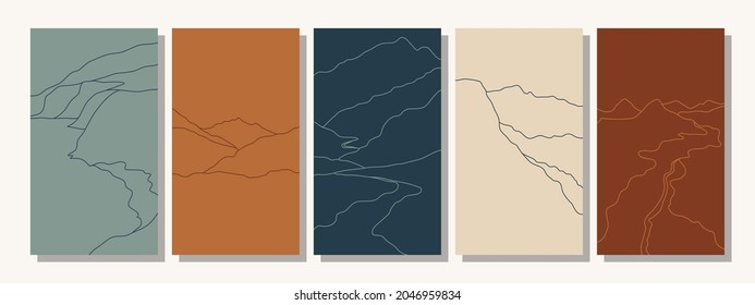 Set of five beautiful vertical abstract minimal landscapes, backgrounds or card templates in modern colors, in popular art style