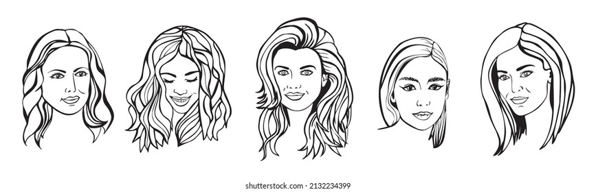 Set of five beautiful women's faces, heads, hairstyles. Black and white outline vector illustration. Template for International Women's Day cards, design, paper, fabric textile