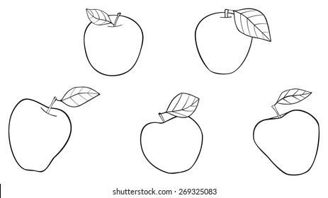 Set of five best apples with leaves on white background in the Delightful garden collection