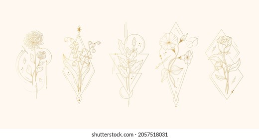 Set of five birth month flowers. Vector isolated background with golden geometrical  plants for wedding invitations and  greeting cards.