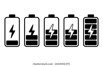 Set of five black battery icons against a transparent backdrop. Displaying energy levels from nearly empty to fully charged with a lightning bolt symbol.