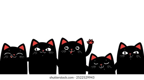 Conjunto de cinco gatos negros. Anuncio de personaje de gatos negros kawaii de dibujos animados lindos. Diseño plano de moda. El fondo blanco. Vector