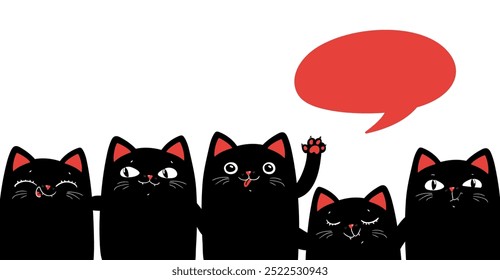 Conjunto de cinco gatos negros. Anuncio lindo del carácter de los gatos negros del kawaii de la historieta con la burbuja roja del discurso. Diseño plano de moda. El fondo blanco. Vector