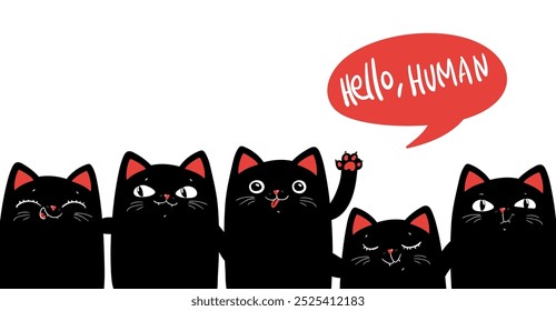 Conjunto de cinco gatos negros. Anuncio lindo del carácter de los gatos negros de la historieta kawaii con la burbuja roja del discurso, texto hola humano. Diseño plano de moda. El fondo blanco. Vector