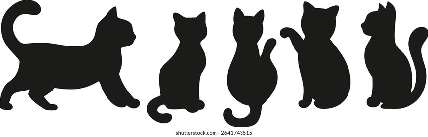 A set of five black cat silhouettes in different poses, including walking, sitting, and one with a raised paw.