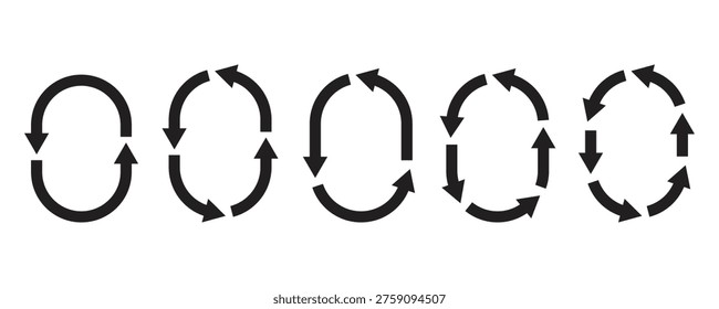 Set of five black circular process arrow symbols for business workflow management recycling and system rotation. Circular economy loops elements vector design.