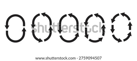 Set of five black circular process arrow symbols for business workflow management recycling and system rotation. Circular economy loops elements vector design.