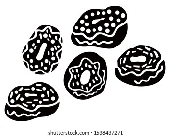 Set of five black donuts in glaze, hand-drawn on a white background. Vector.