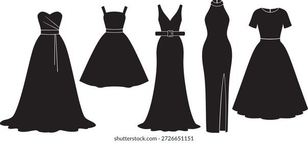 Um conjunto de cinco vestidos de noite pretos com diferentes desenhos, decotes e silhuetas, mostrando uma variedade de opções de desgaste formal para as mulheres.