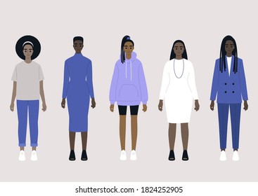 A set of five black female characters wearing different fashion outfits: casual, sport, business costume and evening dress