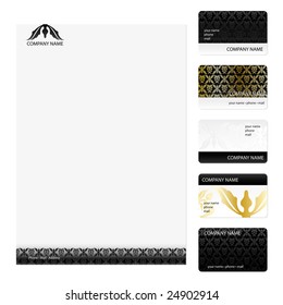 Set of five black and gold floral damask business cards and stationery sheet