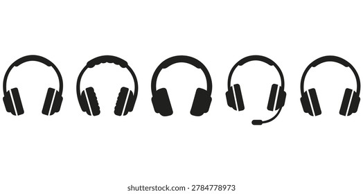 Set of five black headphone silhouettes showing varied designs: over-ear, with mic boom, and standard styles for audio, support, gaming, and communication use.
