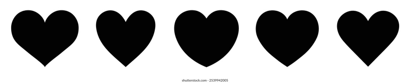 Conjunto de cinco corazones negros icono de Vector conjunto aislado. Iconos del corazón. Símbolo de corazones negros, signo de amor, silueta de latidos del corazón, pictogramas de corazón aislados. Ilustración vectorial.